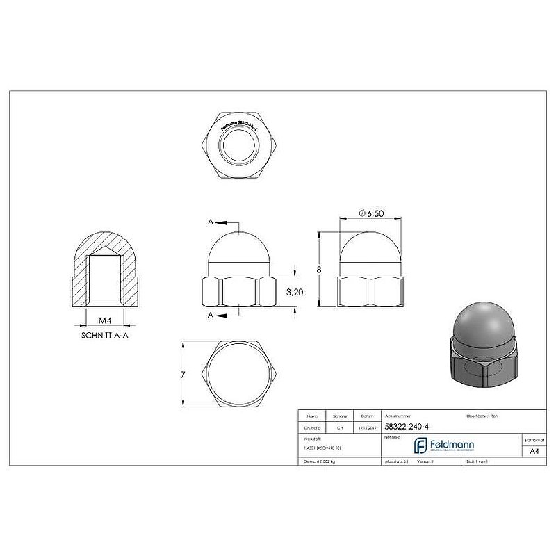 Écrou hexagonal borgne M4, DIN 1587, V2A