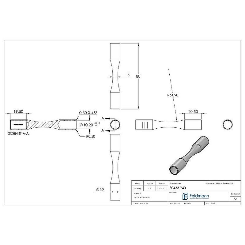 Rundstabverbinder (zum Biegen), für 10mm Rund, V2A