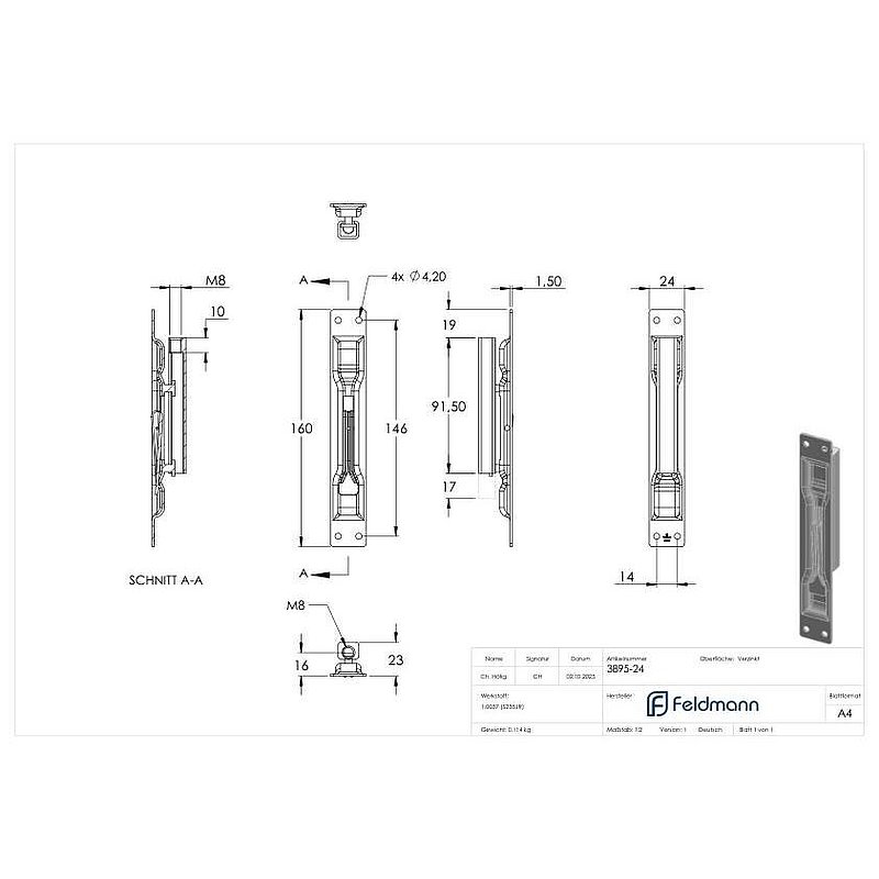 latch bolt with width 24mm and thread M8, galvanised