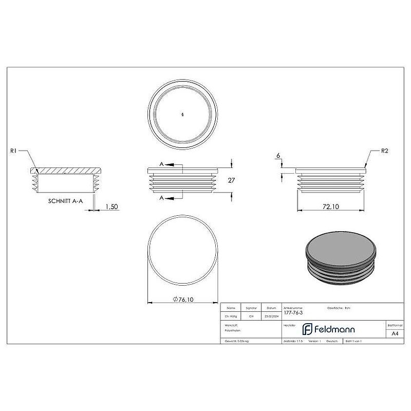 Bouchon plastique pour tube rond 76,1mm