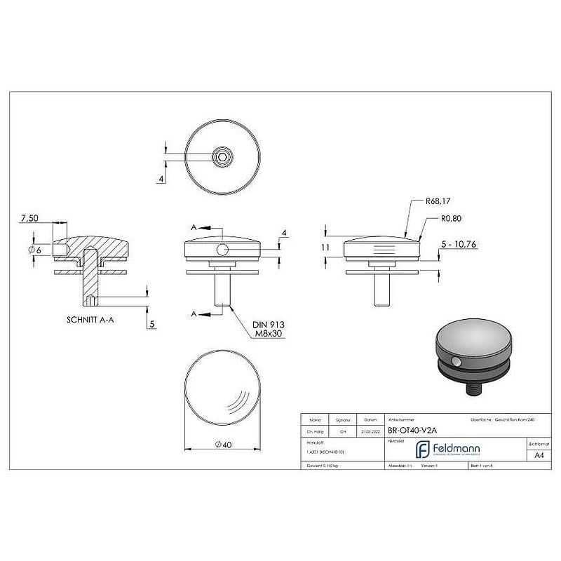 Glaspunkthalter Ø 40mm, passend zu Brenk-Halter, V2A