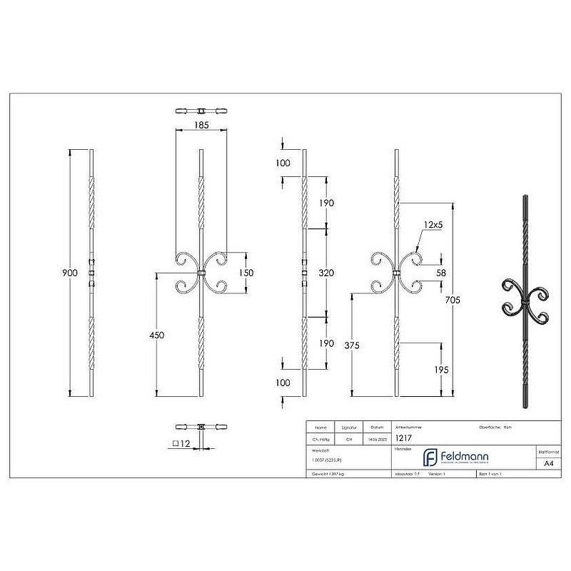 Zierstab 12x12mm, glatt, H: 900mm