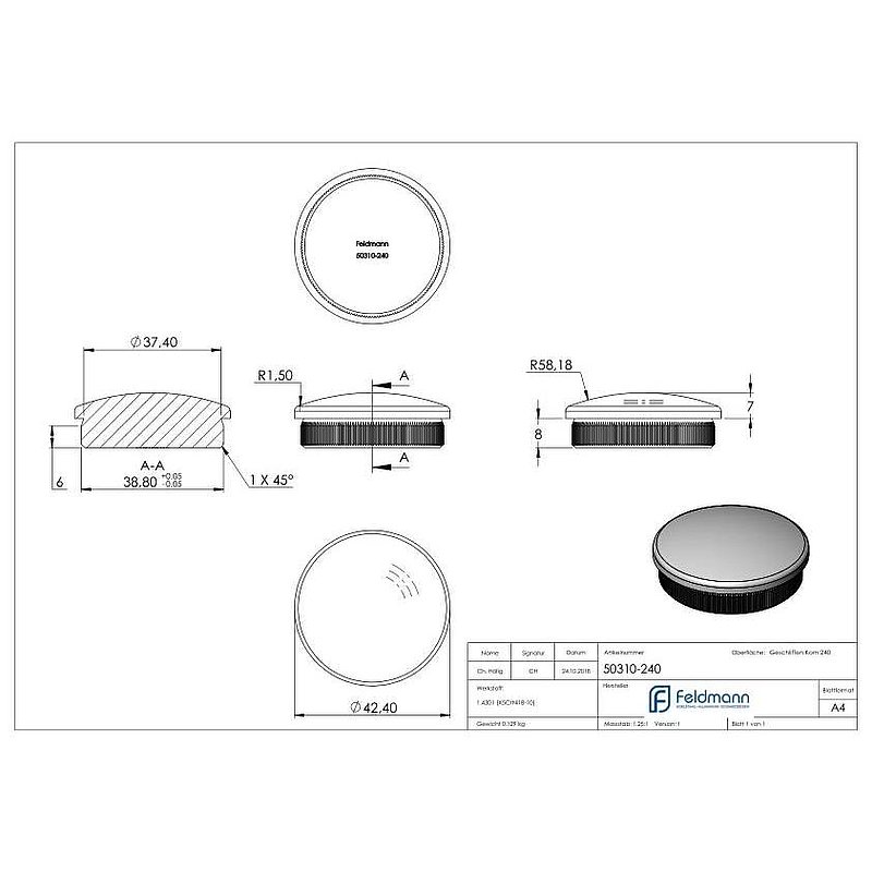 Rohrabschlussstopfen, für Rohr 42,4x2,0mm, V2A