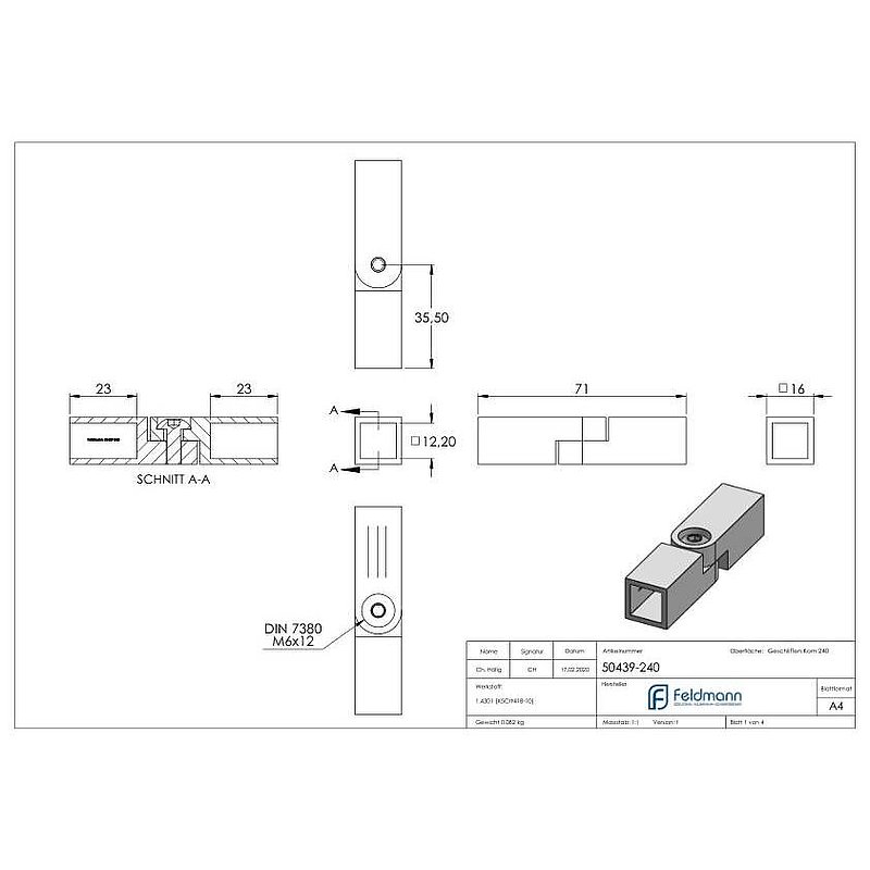 Raccord de barre avec articulation pour barre carré 12x12mm, V2A