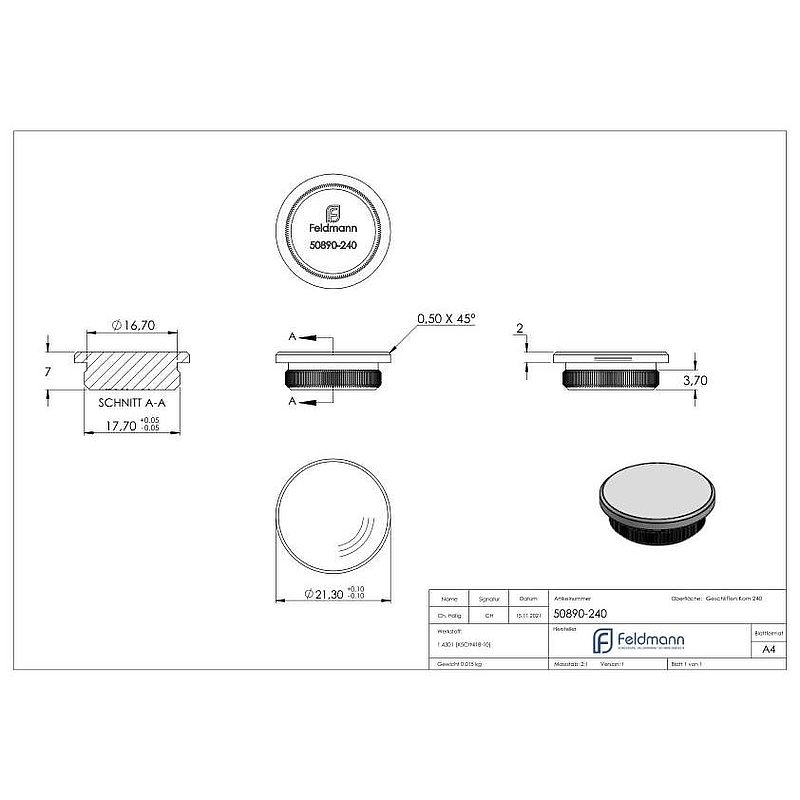 Rohrabschlussstopfen, für Rohr 21,3x2,0mm, V2A