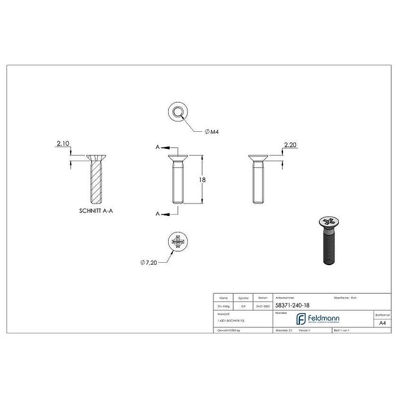 Countersunk head screw M4x18, AISI304 DIN 965