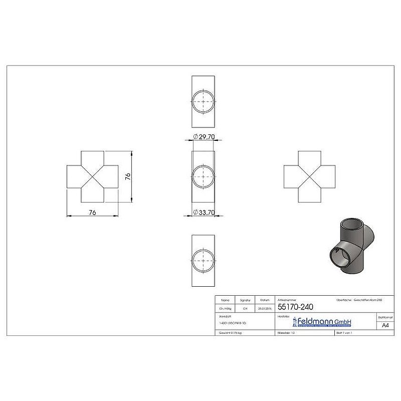 Kreuzstück, 33,7x2,0mm, V2A