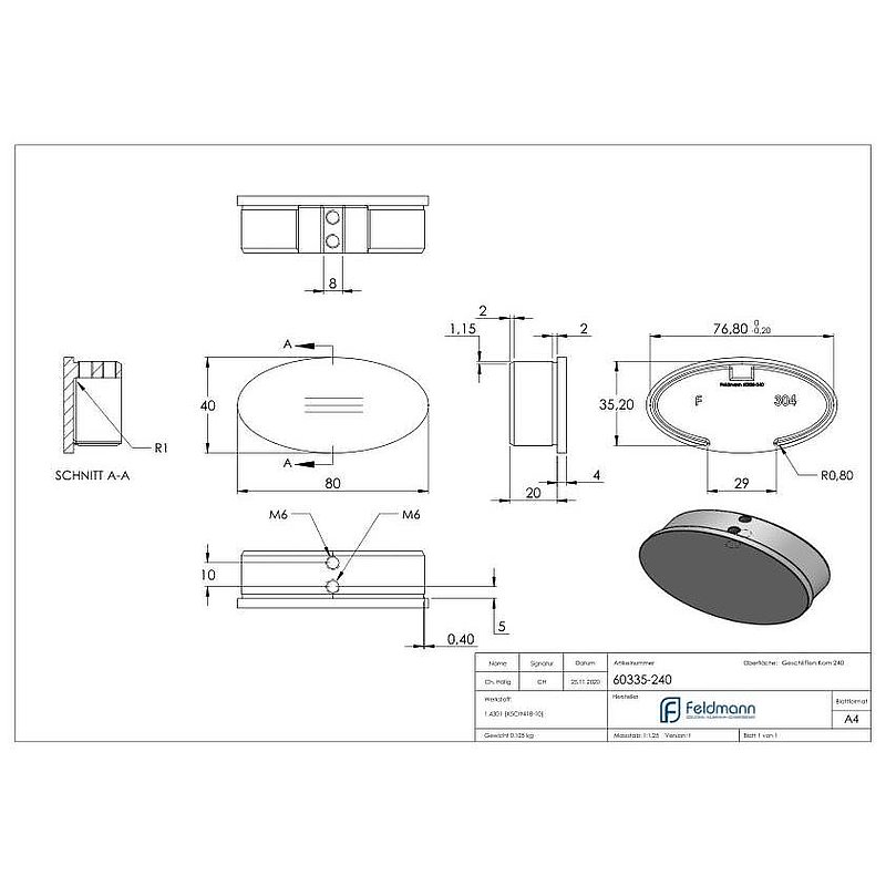 Endkappe, flach, für Oval-Nutrohr, V2A