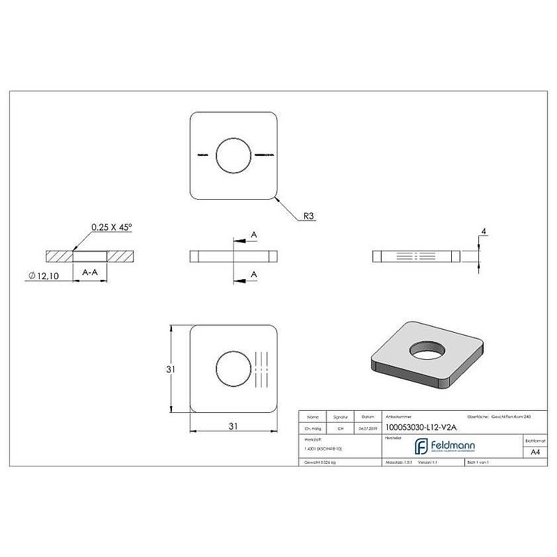 Einsteckkappe für Quadratrohr 30x30 mit Bohrung, V2A