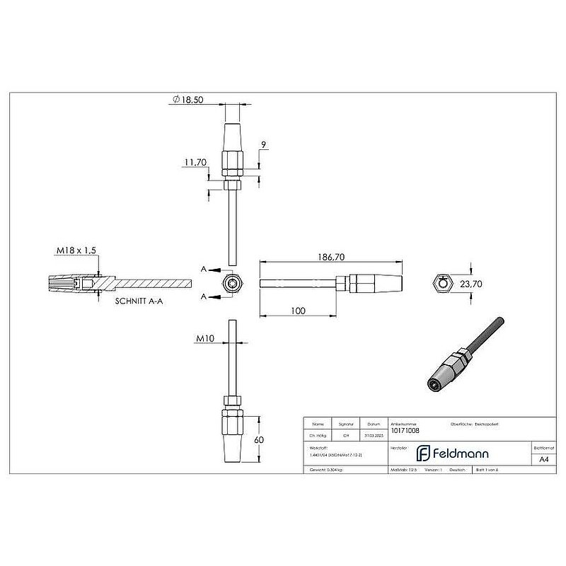 threaded terminal for self-assembly for cable Ø 8mm and M10 thread, AISI316