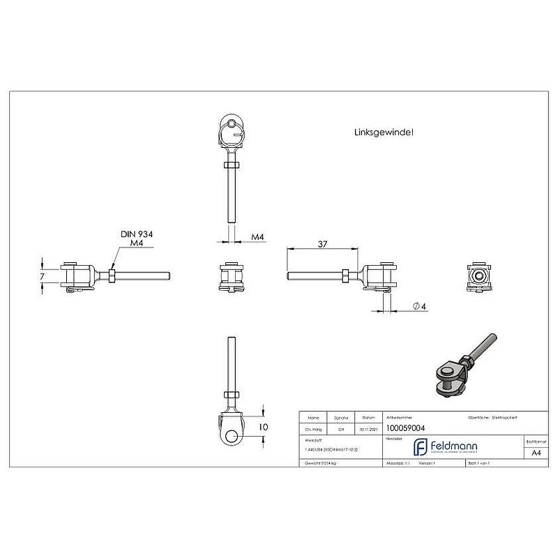 Fork terminal with external thread M4 left, AISI316