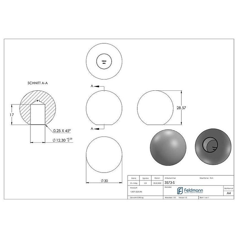 Massivkugel 30mm, mit Sackloch 12,3mm