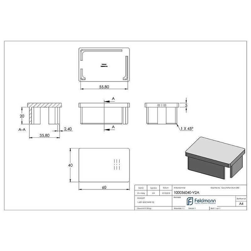 Einsteckkappe, für Rohr 60x40x2,0mm, V2A