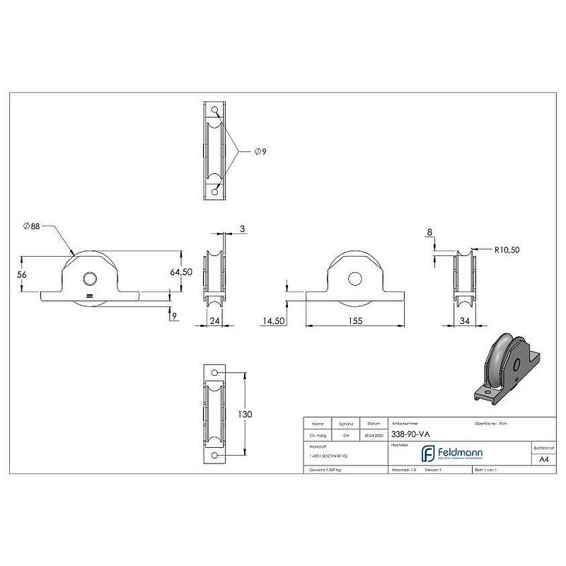 Galet pour porte coulissante, rainure ronde, Ø 88mm, V2A