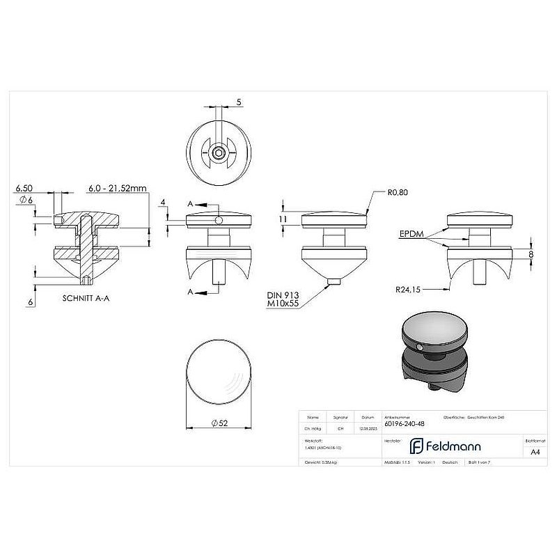 Point de fixation 52mm, jonction: 48,3mm, V2A