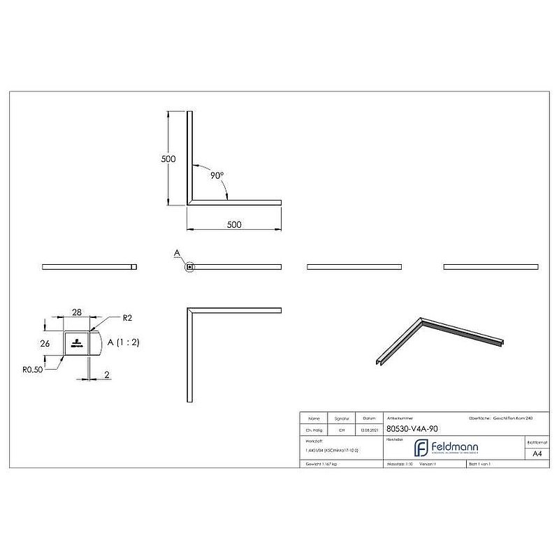 Stainless steel U-profile 90° corner, 500x500mm, AISI316