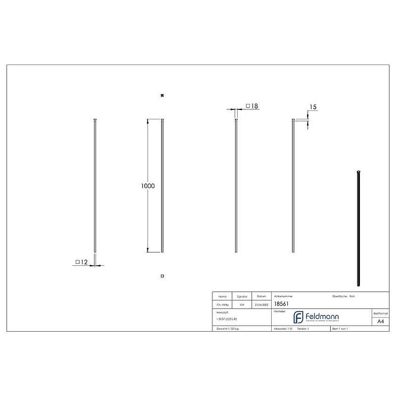 Fence bar 12x12mm, H: 1000mm, head compressed