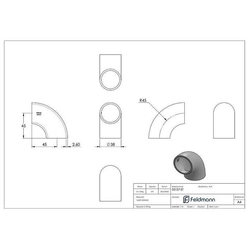 Schweißbogen 90° 38 x 2,6mm, Bauart 3