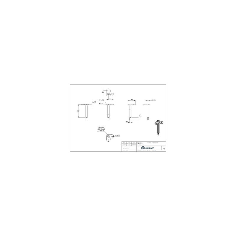 Pin Ø 12mm with 90° handrail connection plate for tube 42.4mm, AISI304