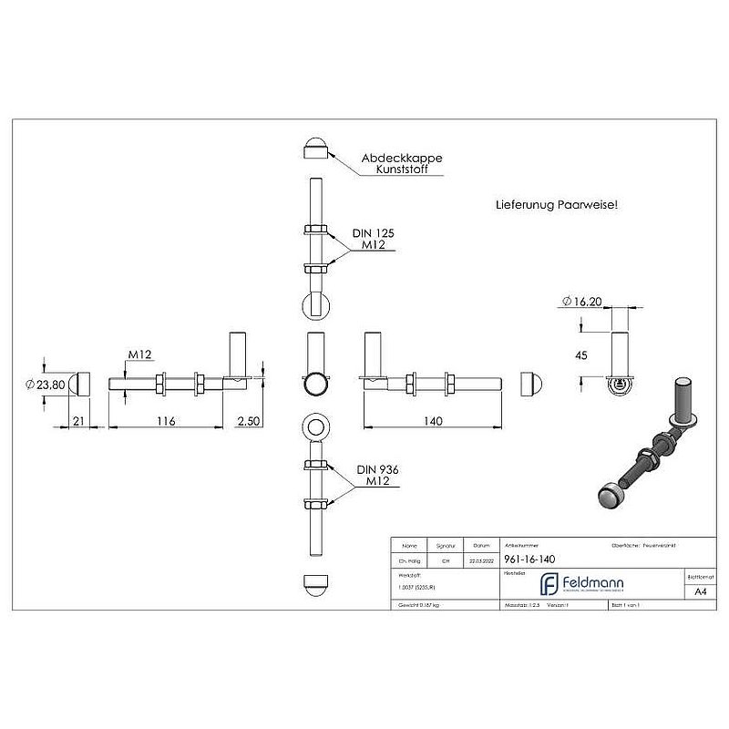 Kloben zum Durchschrauben für Ø 16mm, L: 140mm
