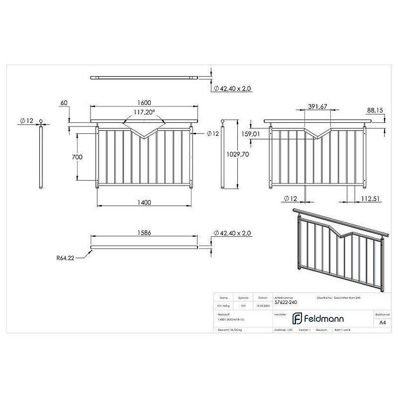 French balcony grille, with V-cutout, W: 1.4m, AISI304