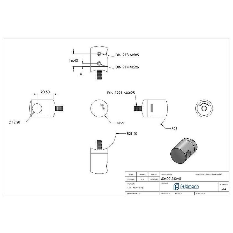 Cross bar holder for 42.4 mm tube, blind hole right 12.2 mm, AISI304