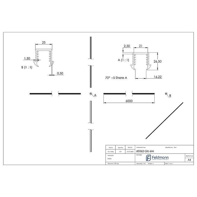 Cale caoutchouc pour verre 16,76 – 17,52mm, pour rainure 24x24mm, 6000mm