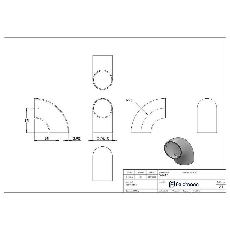 Schweißbogen 90°, 76,1x2,9mm