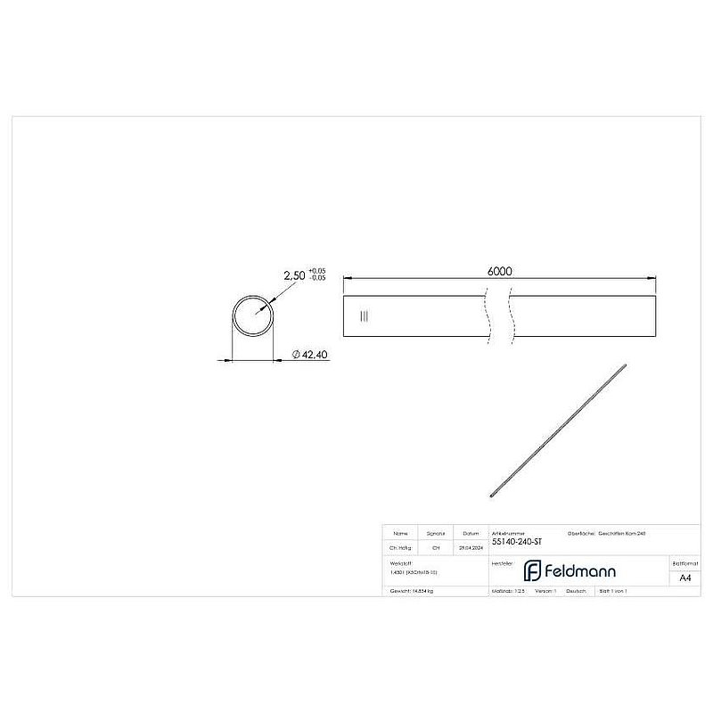 tube 42,4 x 2,5mm, L=6m, satin K240, AISI304