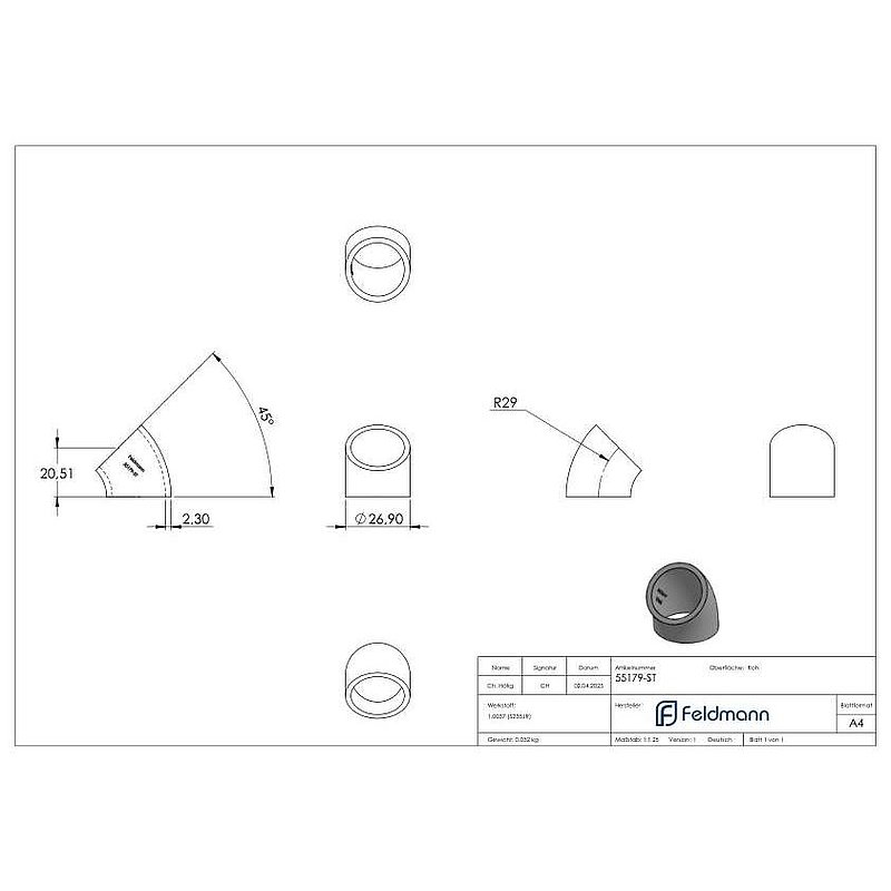 Schweißbogen 45°, 26,9 x 2,3mm, Bauart 3