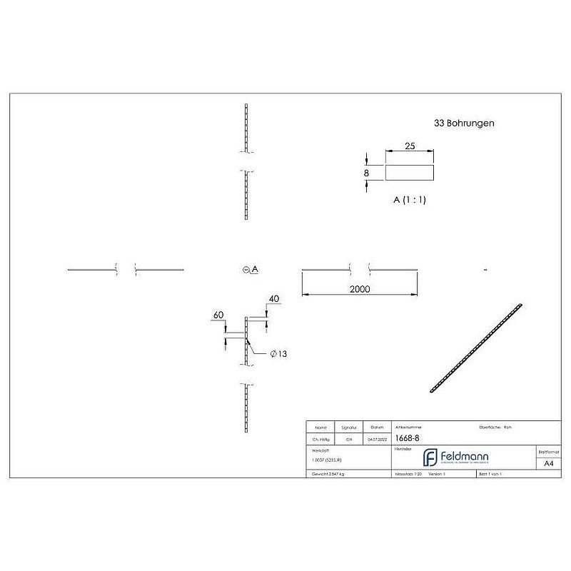 Lochleiste S235JR, 25x8mm, Lochabstand 60mm, 2000mm