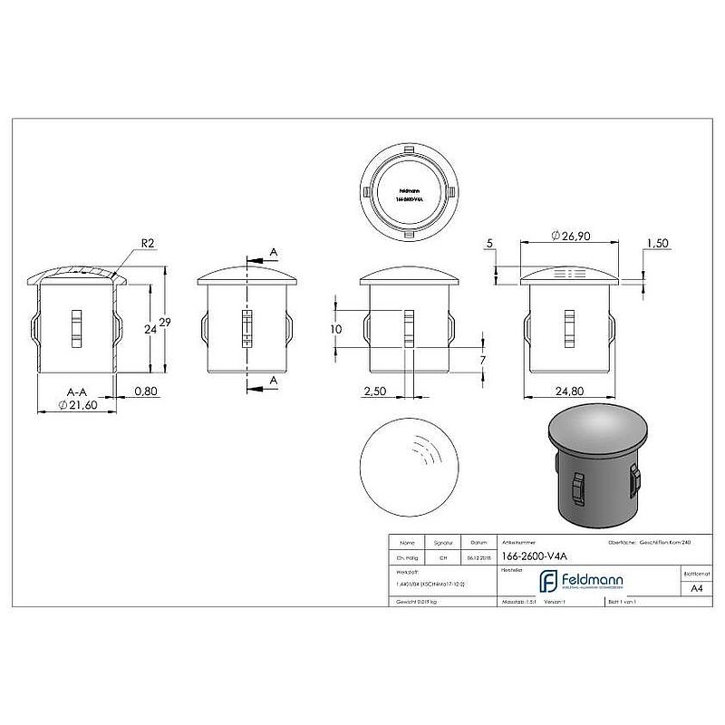 Rohrabschlussstopfen, für Rohr 26,9x1,6 - 2,5mm, V4A