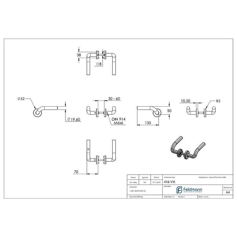 Pair of lever handles, rotatable, AISI304