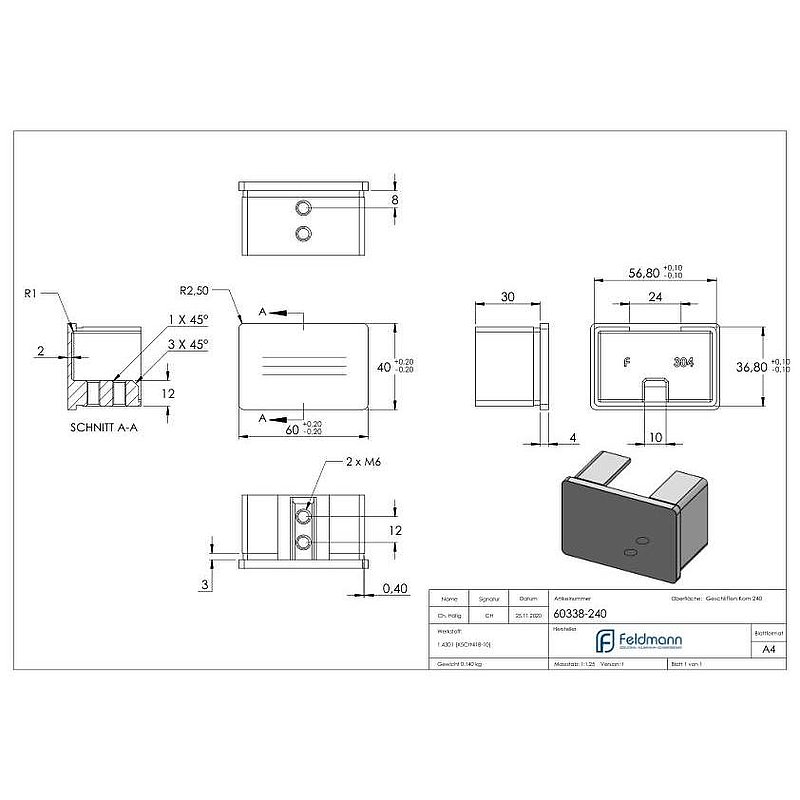 End cap, flat, rectangular slotted tube 60x40x1.5mm, AISI304