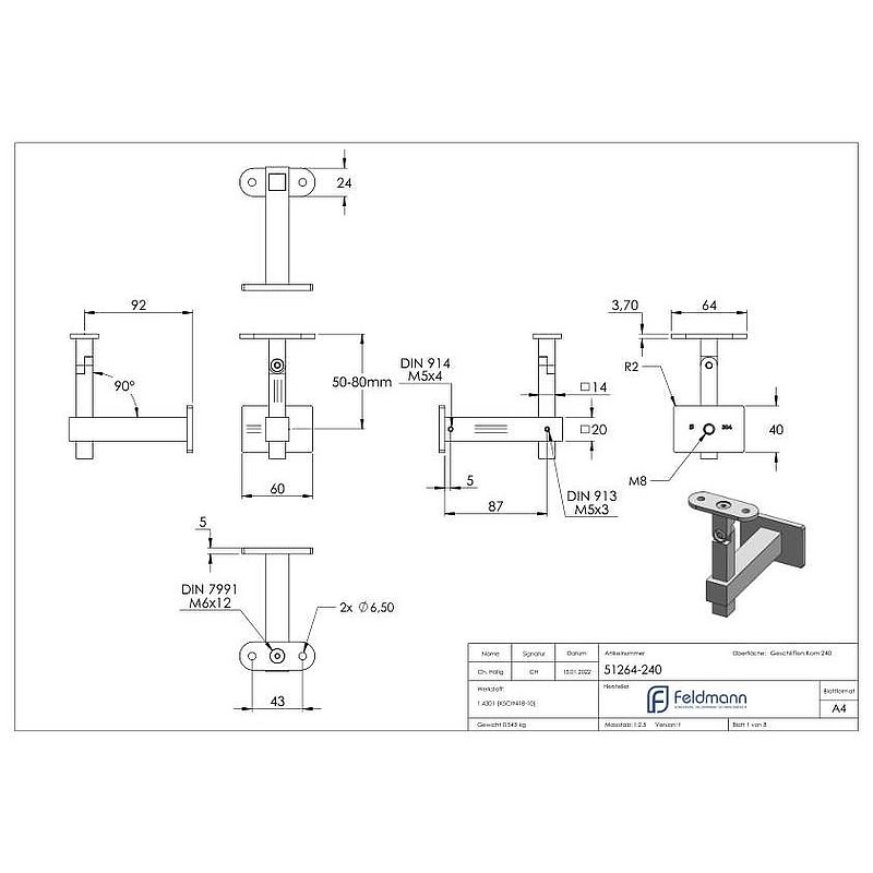 Handlaufhalter eckig mit gerader Handlaufanschlussplatte, V2A