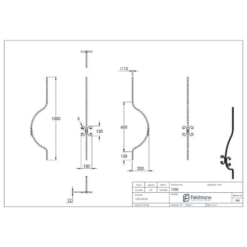 Barre galbée 12x12mm, martelée, H : 1000mm