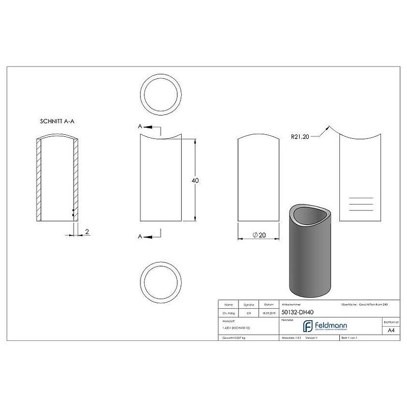 Spacer sleeve, L: 40mm, for 42.4mm, AISI304