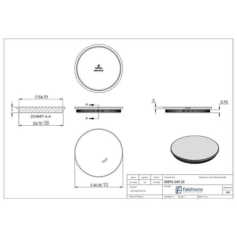 Bouchon pour extrémité de tube, pour tube 60,3x2,5mm, V2A