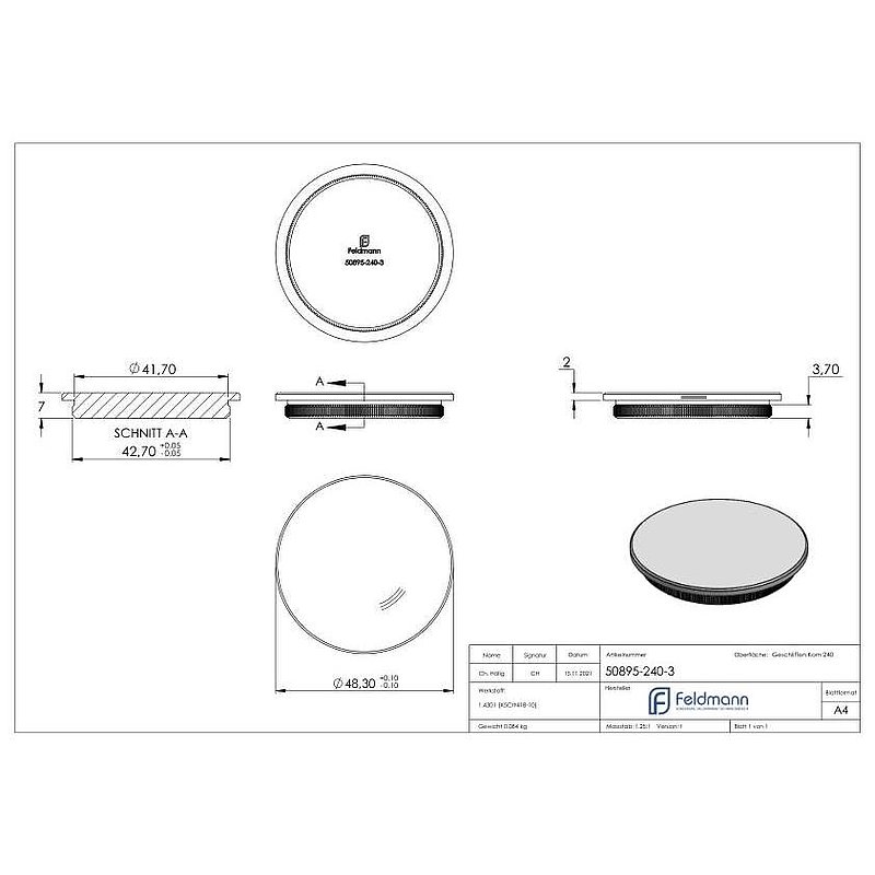 Rohrabschlussstopfen, für Rohr 48,3x3,0mm, V2A