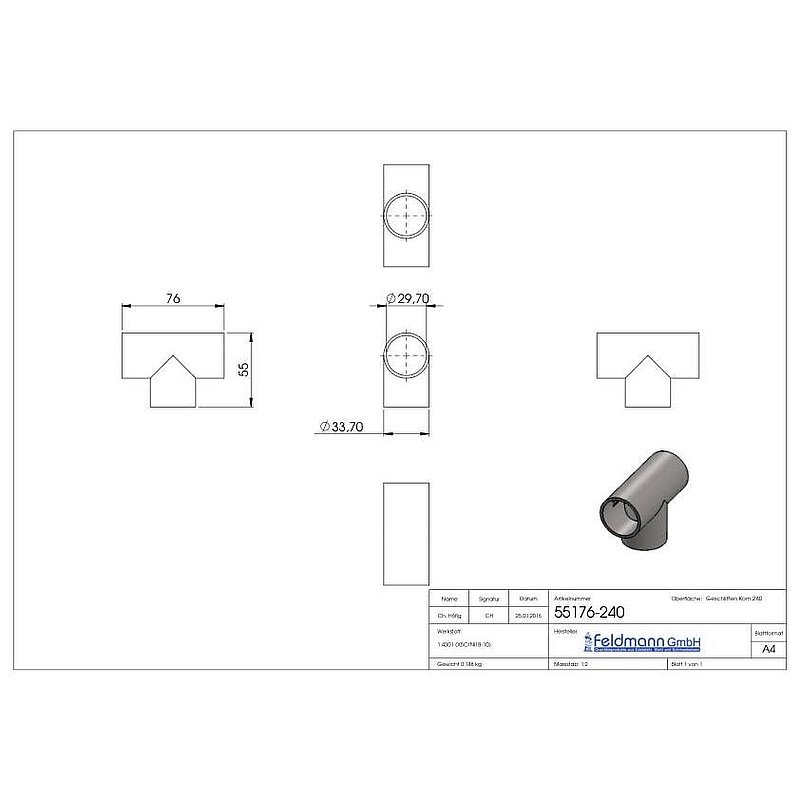 T-piece, 33,7x2,0mm, AISI304