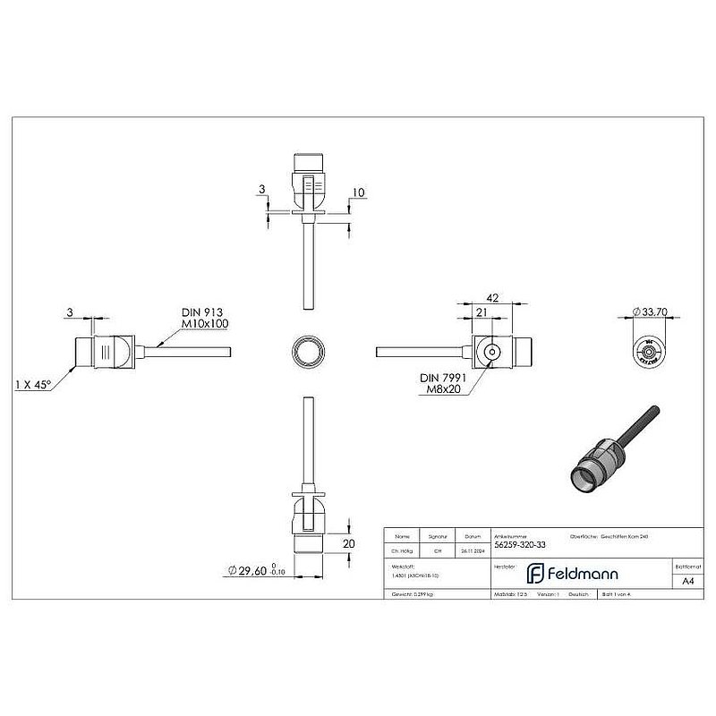 Wandhalter mit Gelenk zum Einbetonieren für Rohr 33,7x2,0mm, V2A