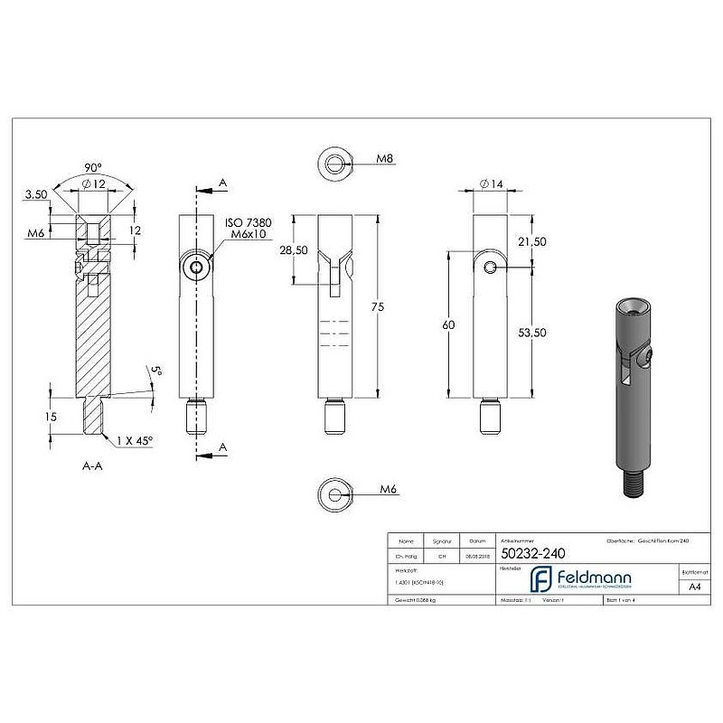Gelenkstift Ø 14mm, L: 76mm, V2A