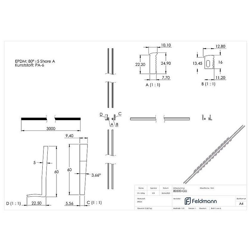 Montageset für 3m Aluprofil für Glas 12,76 - 13,52mm
