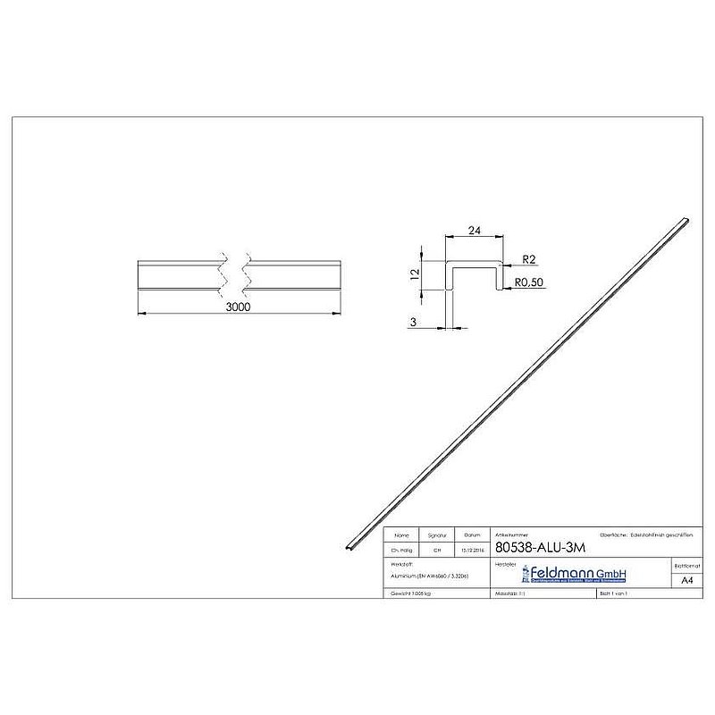Profilé aluminium en U, 24x12x3mm, L: 3000mm