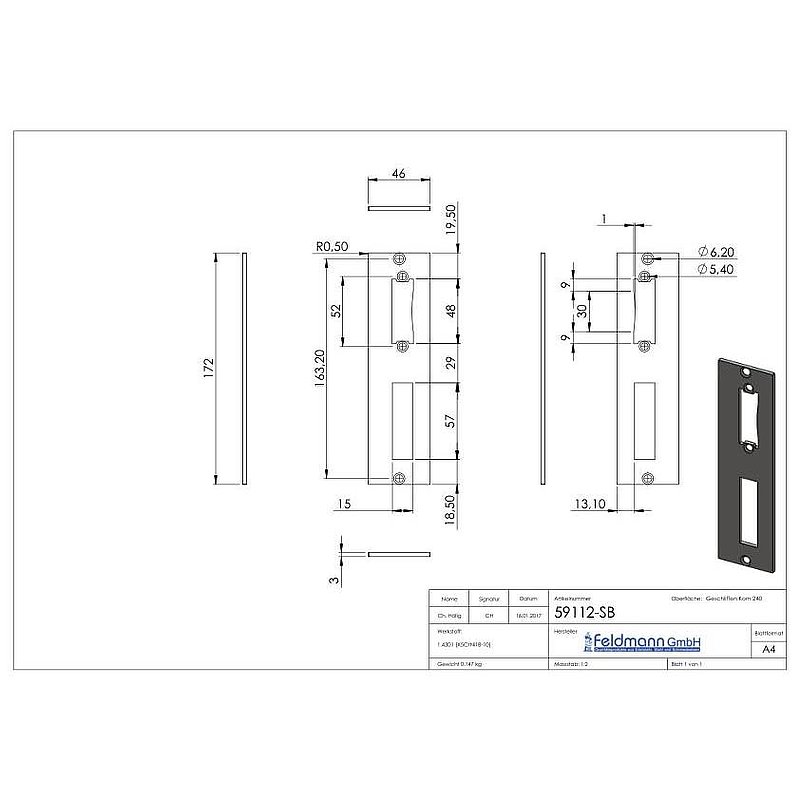 Edelstahlschließblech 172x46x3,0mm, für Abstand 72mm, V2A