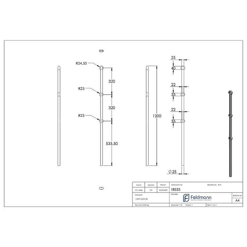 Pfosten aus 25mm rund, H: 1200mm, 3x gelocht