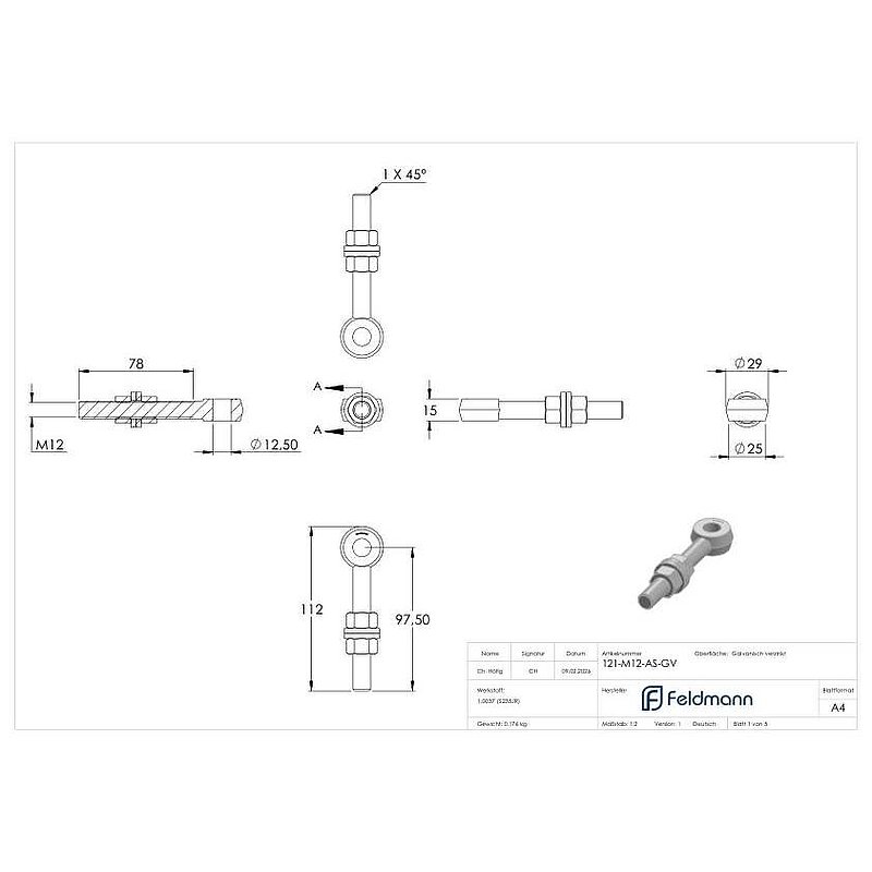 Eye bolt from hinge 121-M12, electro galvanized