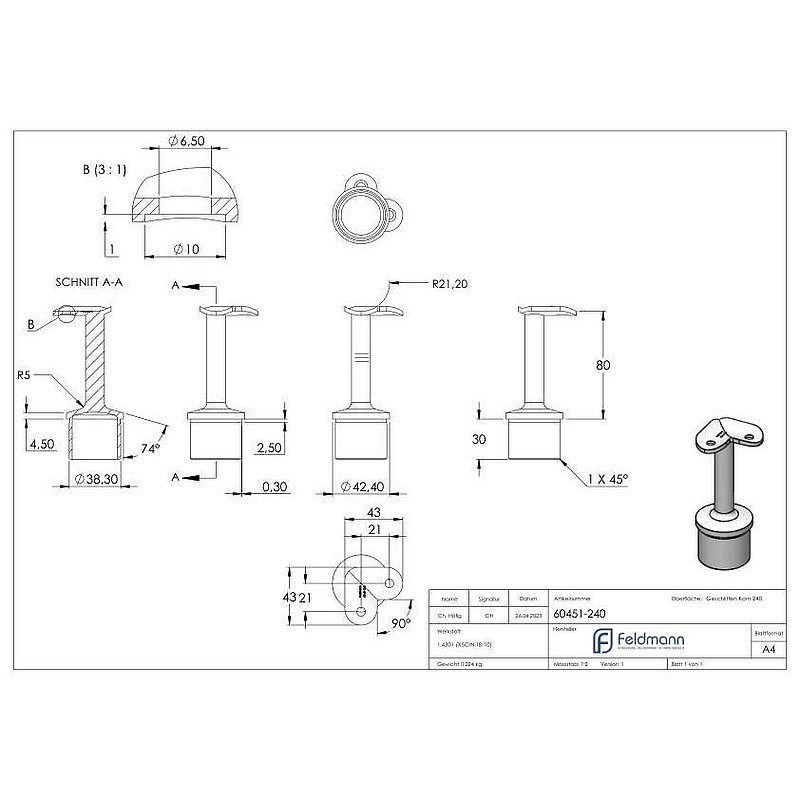 Rohrabschlussstopfen für Rohr 42,4x2,0mm, Handlaufanschlussplatte 90°, V2A