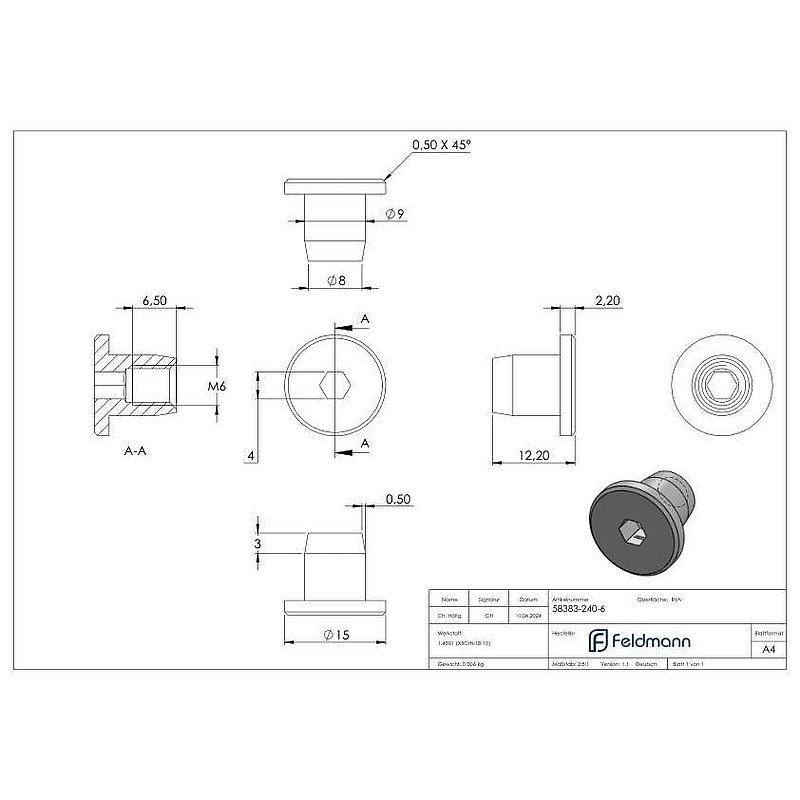 Sleeve nut with flat head and ISK, M6, AISI304