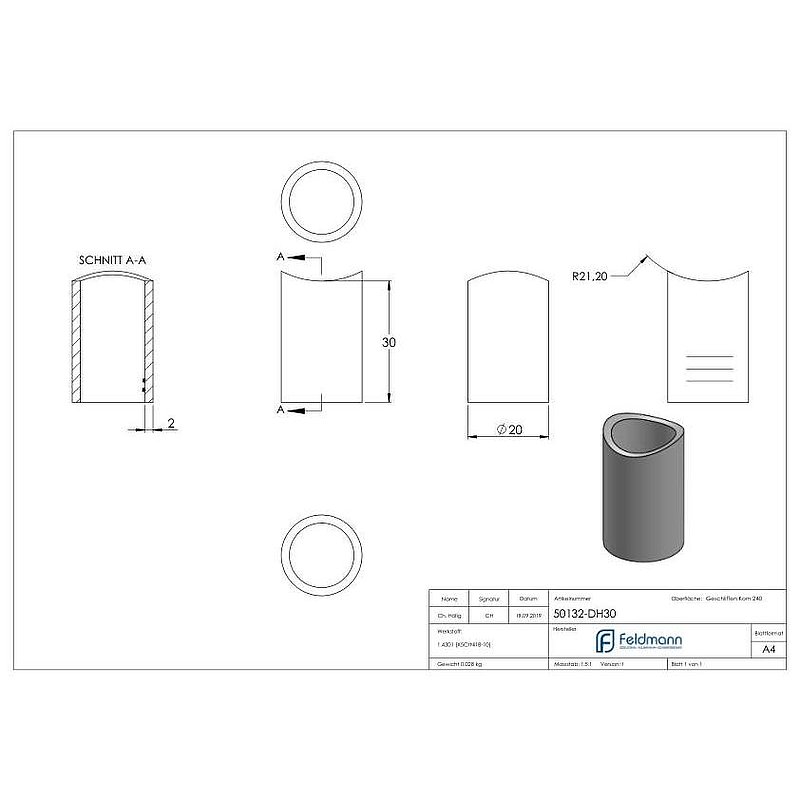 Distanzhülse, L: 30mm, für 42,4mm, V2A